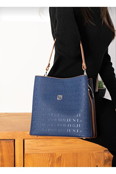 Just Polo حقيبة كتف وحقيبة كروس نسائية باللون الأزرق الداكن مكونة من 4 أقسام