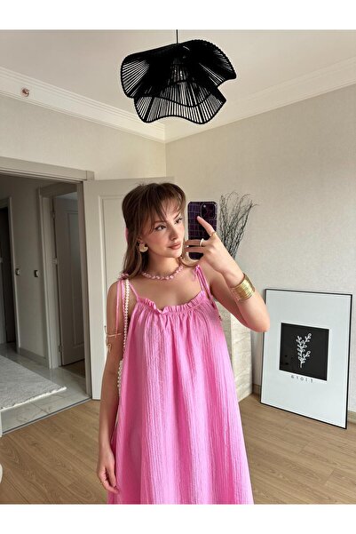 BAŞARAN Μακρύ φόρεμα Seersucker με λουράκι με κορδόνια ροζ