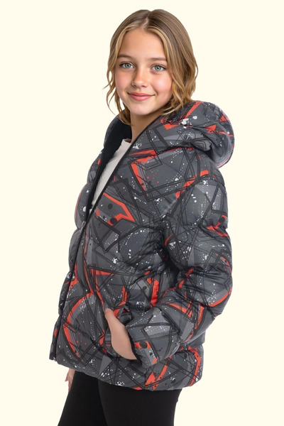 Royalside Girl's Black Geometric Pattern Fleece Water and Windproof Hooded Puffer Winter Jacket with Pockets