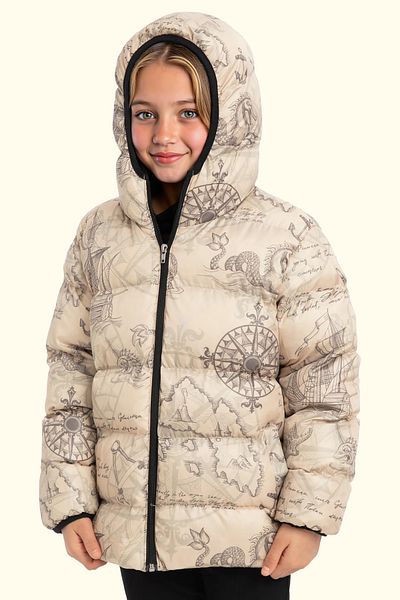 Royalside Girl's Beige Compass Pattern Fleece Water and Windproof Hooded Puffer Winter Jacket with Pockets