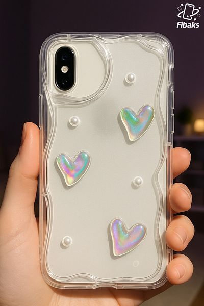 Fibaks جراب Apple iPhone X/XS بتصميم قلب ثلاثي الأبعاد وغطاء من السيليكون الشفاف مع حماية للكاميرا