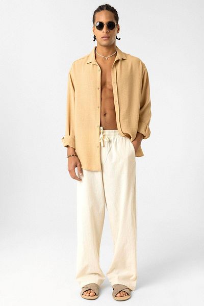 VAMOSCLO Elastic Waist Baggy Fit Linen Trousers Natural