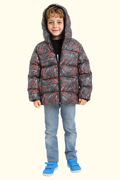 Royalside Black Geometric Pattern Fleece Jacket for Boys - Water and Windproof, Hooded and Pocketed