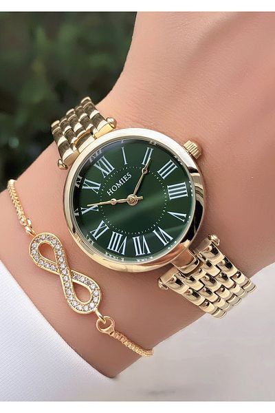 Homies HOMİES BRAND GOLD GREEN COLOR WRISTWATCH WITH BRACELET GIFT