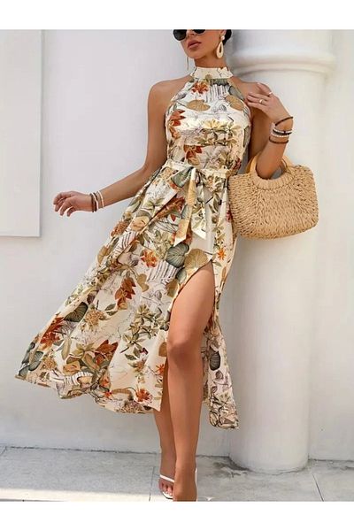 Özel Tasarım Women's Off the Shoulder Halter Neckline Slit Floral Print Single Jersey Dress