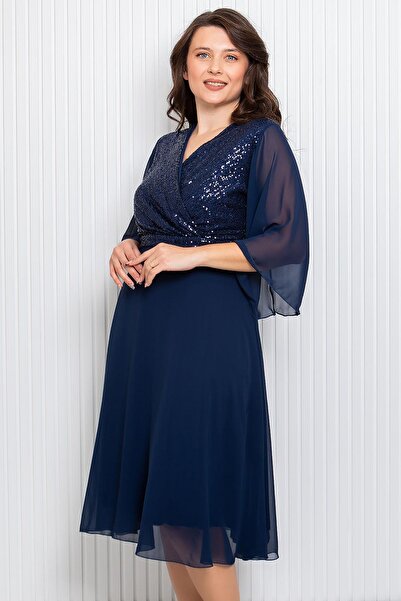 SUBU TASARIM Flitrové flitrové detailní večerní šaty Námořnická modrá Tbs910