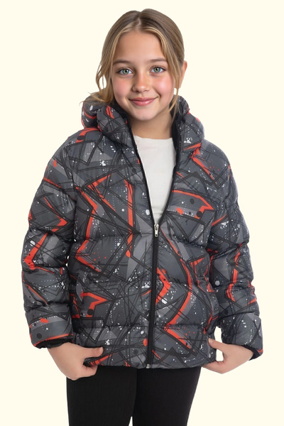 Royalside Girl's Black Geometric Pattern Fleece Water and Windproof Hooded Puffer Winter Jacket with Pockets