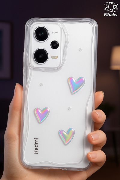Fibaks حافظة لهاتف Xiaomi Redmi Note 12 Pro 5G بتصميم ثلاثي الأبعاد على شكل قلب ولؤلؤ وغطاء من السيليكون لحماية الكاميرا