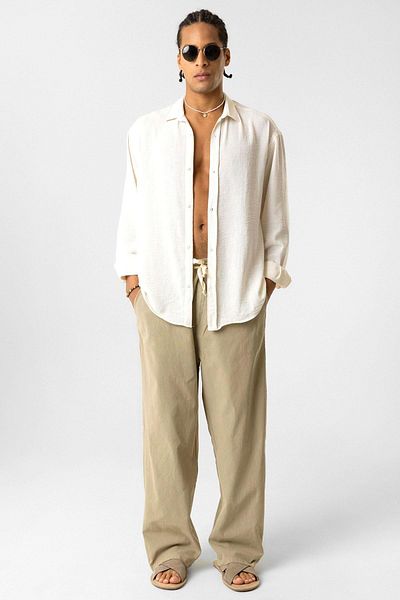VAMOSCLO Elastic Waist Baggy Fit Linen Trousers Light Khaki