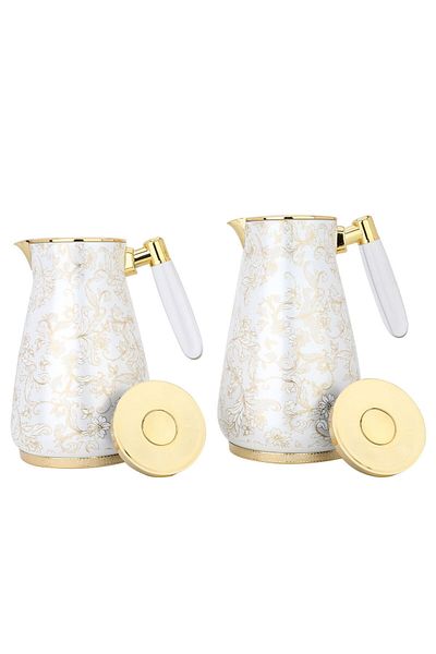 Alsaif Gallery A Cream Night Thermos Set With A Golden Rose Pattern And A Transparent Handle Of Two Pieces