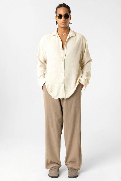VAMOSCLO Elastic Waist Baggy Fit Linen Trousers Light Brown