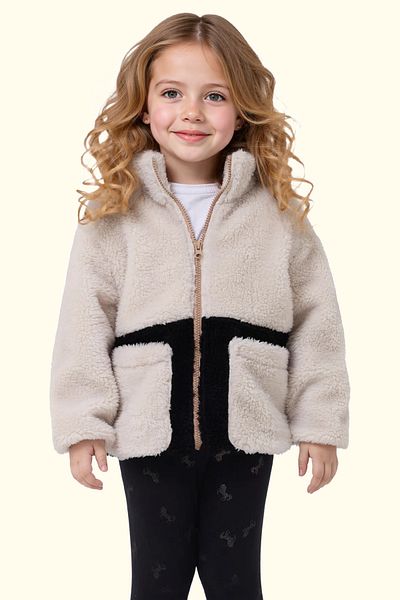 Royalside Girl's Plush Ecru Black Pocket Zippered Welsoft Winter Coat