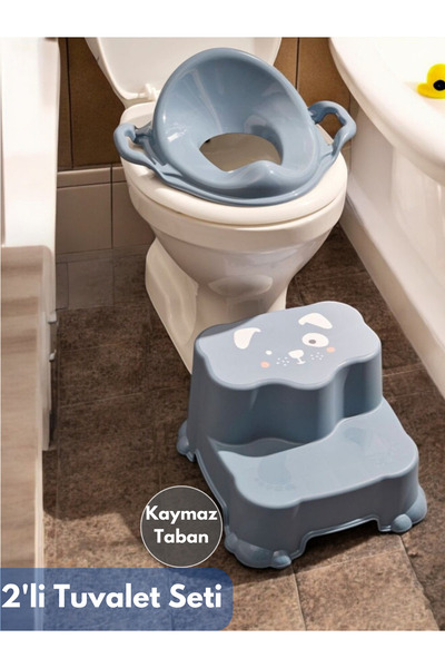 PONÇİK STORE İlk Tuvalet Eğitimi Kaydırmaz 2 Katlı Tabure Basamak Ve Kulplu Klozet Adaptör Seti Mavi