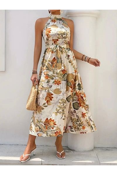 Özel Tasarım Women's Off the Shoulder Halter Neckline Slit Floral Print Single Jersey Dress