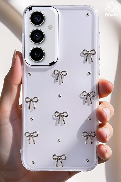 Fibaks Samsung Galaxy A54 Case Bow Pattern Transparent Glitter Silver Camera Protruding Glossy Cover