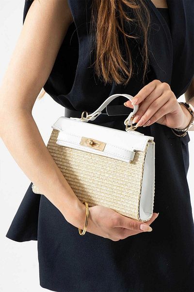 Glemix Geantă de mână și geantă de umăr pentru femei Life Wicker White Lock Closure