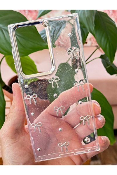 Fibaks Galaxy S23 Ultra Compatible Case Bow Pattern Transparent Glitter Silver Camera Protruding Glossy Cover