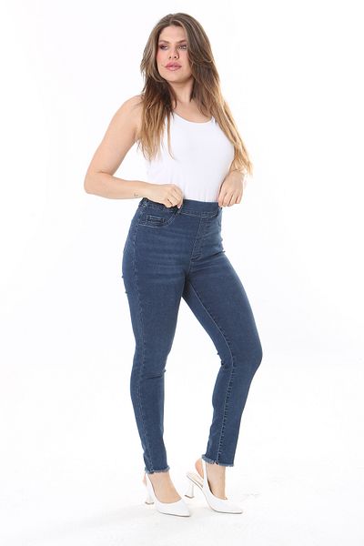 Şans Women's Large Size Navy Blue Elastic Waist Front Ornamental Pocket Slim Fit Jeans 65N37832