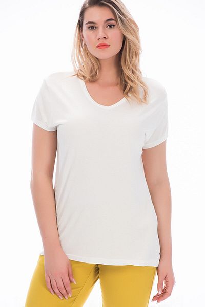 Şans Women's Large Size Bone Cotton Fabric V-Neck Blouse 65n28809