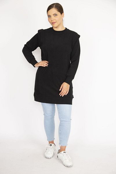 Şans Women's Plus Size Black 3 Thread Shoulder Detailed Sweatshirt Dress 65n36723