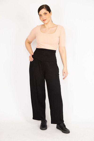 Şans Schwarze, große, breite Viskosehose mit Corsage-Gürtel für Damen 65n36113