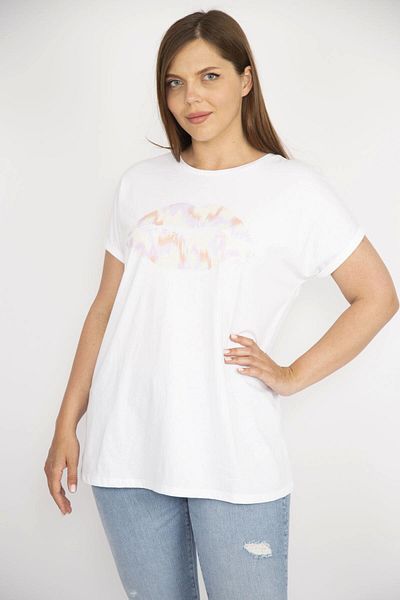 Şans Women's Bone Large Size Front Printed Double Sleeve Blouse with Crew Neck 65n36484
