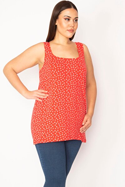 Şans Kadın Kırmızı Büyük Beden Pamuklu Kumaş Likralı Kolsuz Bluz 65n36269