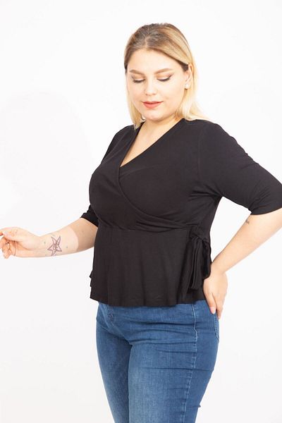 Şans Women's Large Size Black Wrap Collar Side Tie Blouse 65n35451