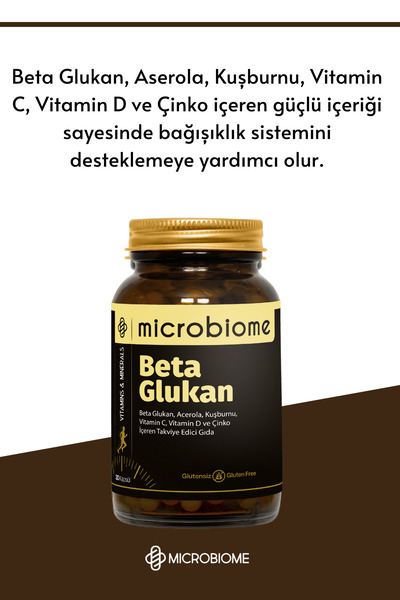 Microbiome Beta Glukan Complex Aserola, Kuşburnu Vitamin C, Vitamin D3 30 Kapsül