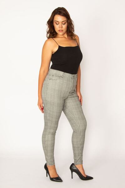 Şans Women's Large Size Gray Plaid Patterned 5 Pocket Trousers 65n34119