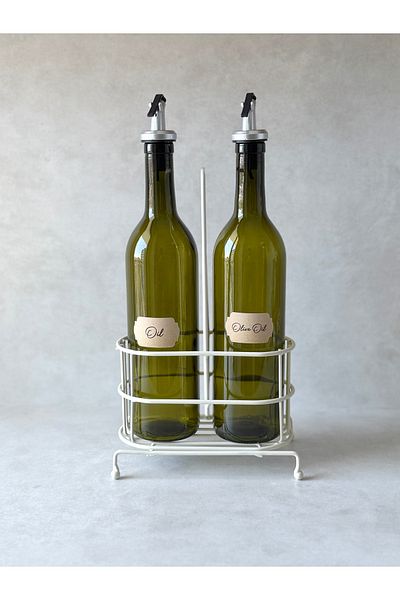 Dekorzdükkan Green Glass Oil Pot Set with Metal Cream Stand (Two Different Labels)