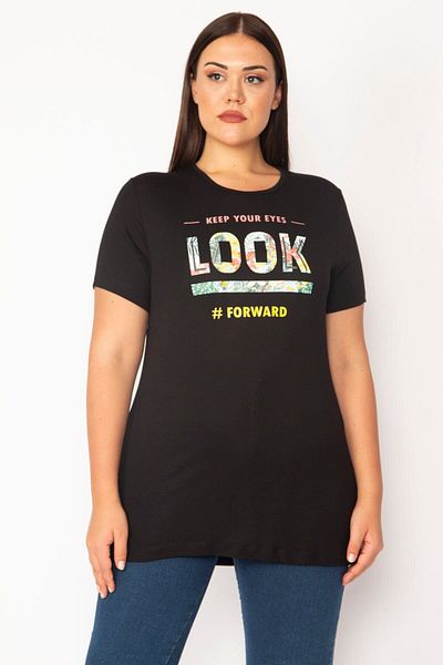 Şans Women's Large Size Black Digital Printed Blouse 65n28861