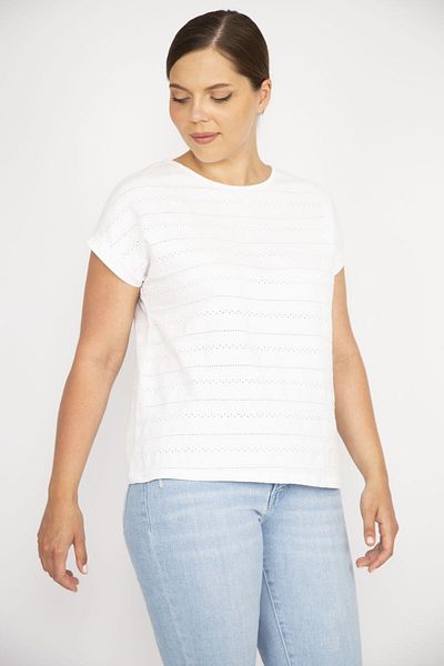 Şans Women's Large Size Bone Cotton Fabric Self Patterned Low Sleeve Blouse 65n36630