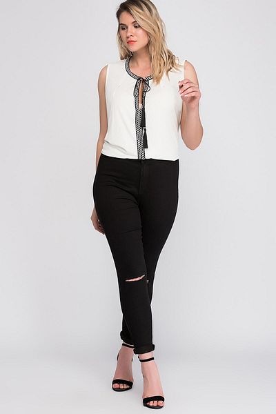 Şans Women's Large Size Black Ripped Detailed Denim Trousers 65n19016