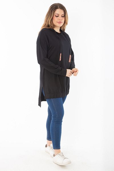Şans Women's Large Size Black Long Back Side Slit Hooded Sweatshirt 65N37310