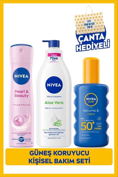 NIVEA Sun Spf50 Güneş Koruyucu Vücut Spreyi 200ml, Vücut Losyonu 400ml Ve Deodorant 150ml, Çanta