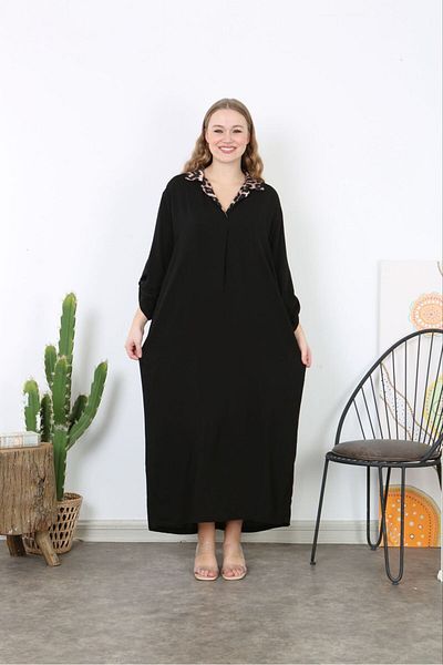 Şans Women's Large Size Black Woven Viscose Leopard Garnish Pocket Long Dress 65N38736