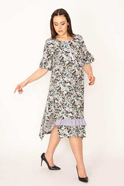 Şans Women's Colorful Collar Lace-up Hem Chiffon Ruffles and Smock Flounce Woven Viscose Dress 65N32511