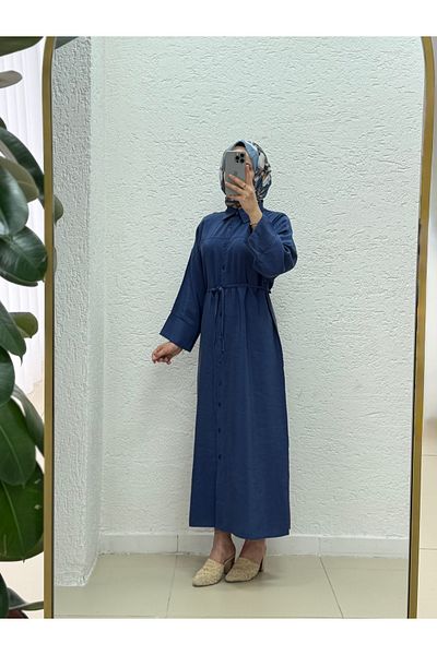 MİHRA STORE Nuboria Women's Hijab Summer Shirt Dress/Robe Modal Insert Cuff-Tn030 Navy Blue