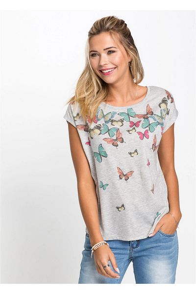 Şans Tekstil Women's Gray Butterfly Printed Low Sleeve Blouse 87m33290 26a33290