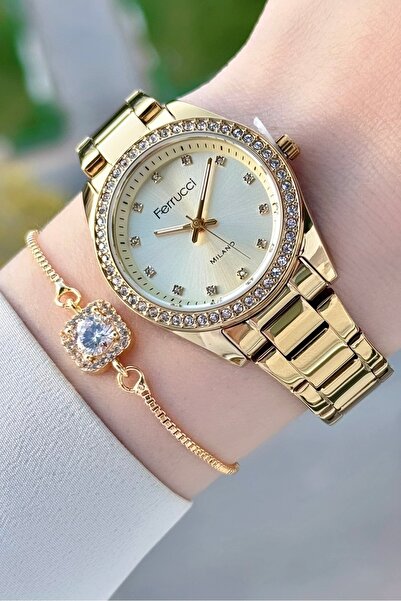 Ferrucci Gold Renk Kadın Kol Saati ve Bileklik