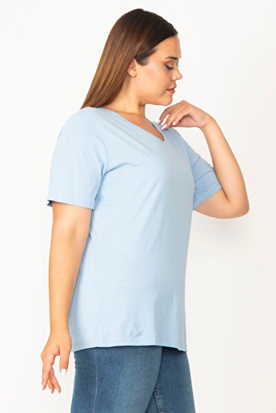 Şans Women's Large Size Blue Cotton Fabric V-Neck Short Sleeve Blouse 65n29546