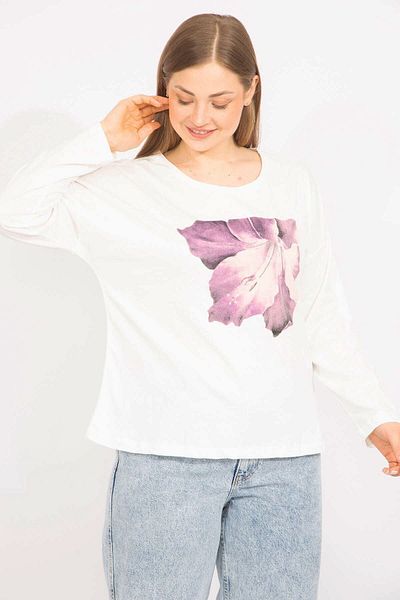 Şans Women's Bone Plus Size Cotton Fabric Capri Sleeve Printed Blouse 65n35563
