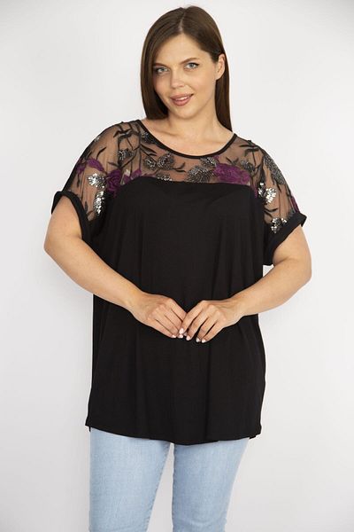 Şans Women's Black Plus Size Robe Tulle Applique and Sequin Detailed Blouse 65n36626