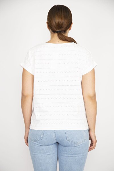 Şans Women's Large Size Bone Cotton Fabric Self Patterned Low Sleeve Blouse 65n36630