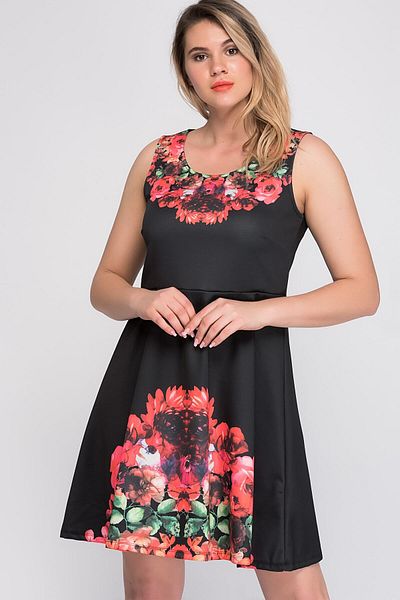 Şans Women's Large Size Black Floral Patterned Dress 65n13873
