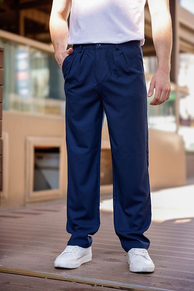 MODAMESTO Men's Navy Blue Baggy Fit Pleated Fabric Pants