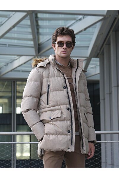 NCS Erkek Mont Bej Kapüşon'lu Termo Dolumlu Su ve Rüzgar İtici Slim Fit JEANS 4991