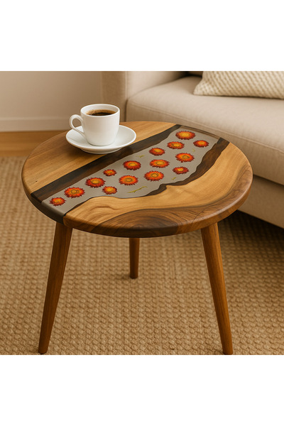 Trihome Doğal Ceviz Ağacı & Epoksi El Yapımı Yuvarlak Yan Sehpa – 50x48 cm | Özgün Tasarım