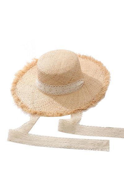 Generic Raffia Straw Hat With Large Brim For Seaside Vacation Sun Protection Beach Hat With Lace Ribbon